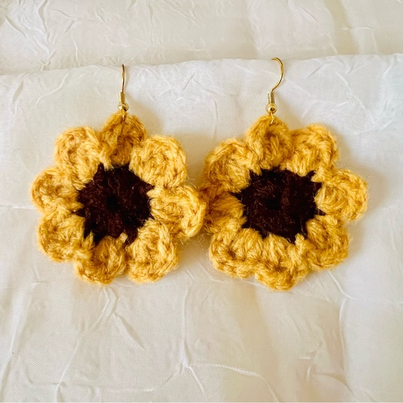 Hand Crafted Jewelry - Sunflower Earrings | Flower Crochet Jewelry | Gold-Plated Fish Hook Earrings